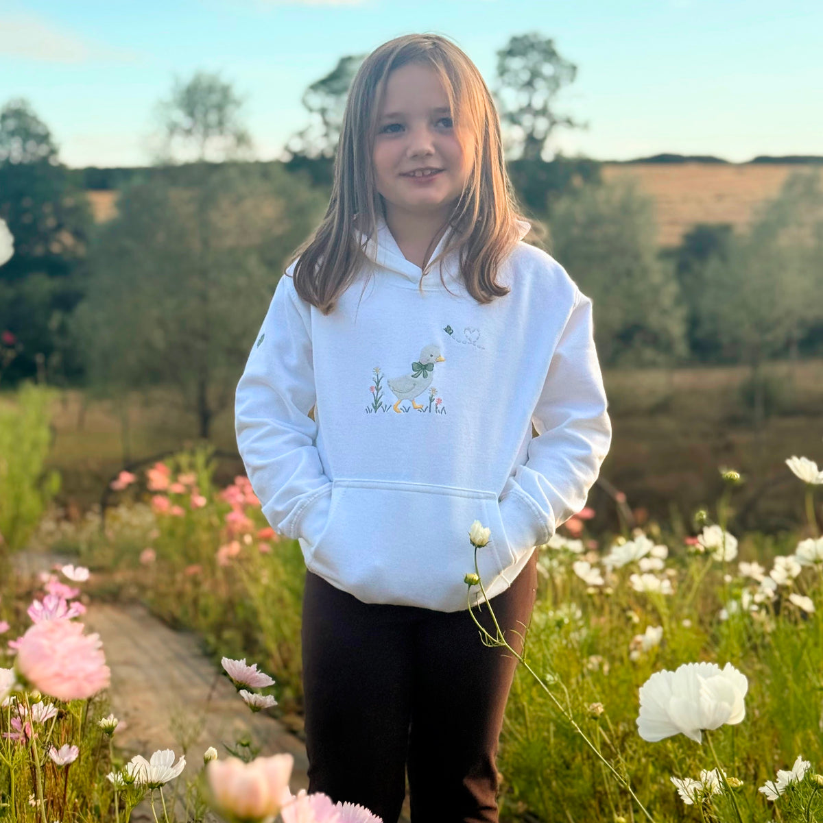 Duck in the flower garden, Signature Embroidered hoodie, ages 7-13