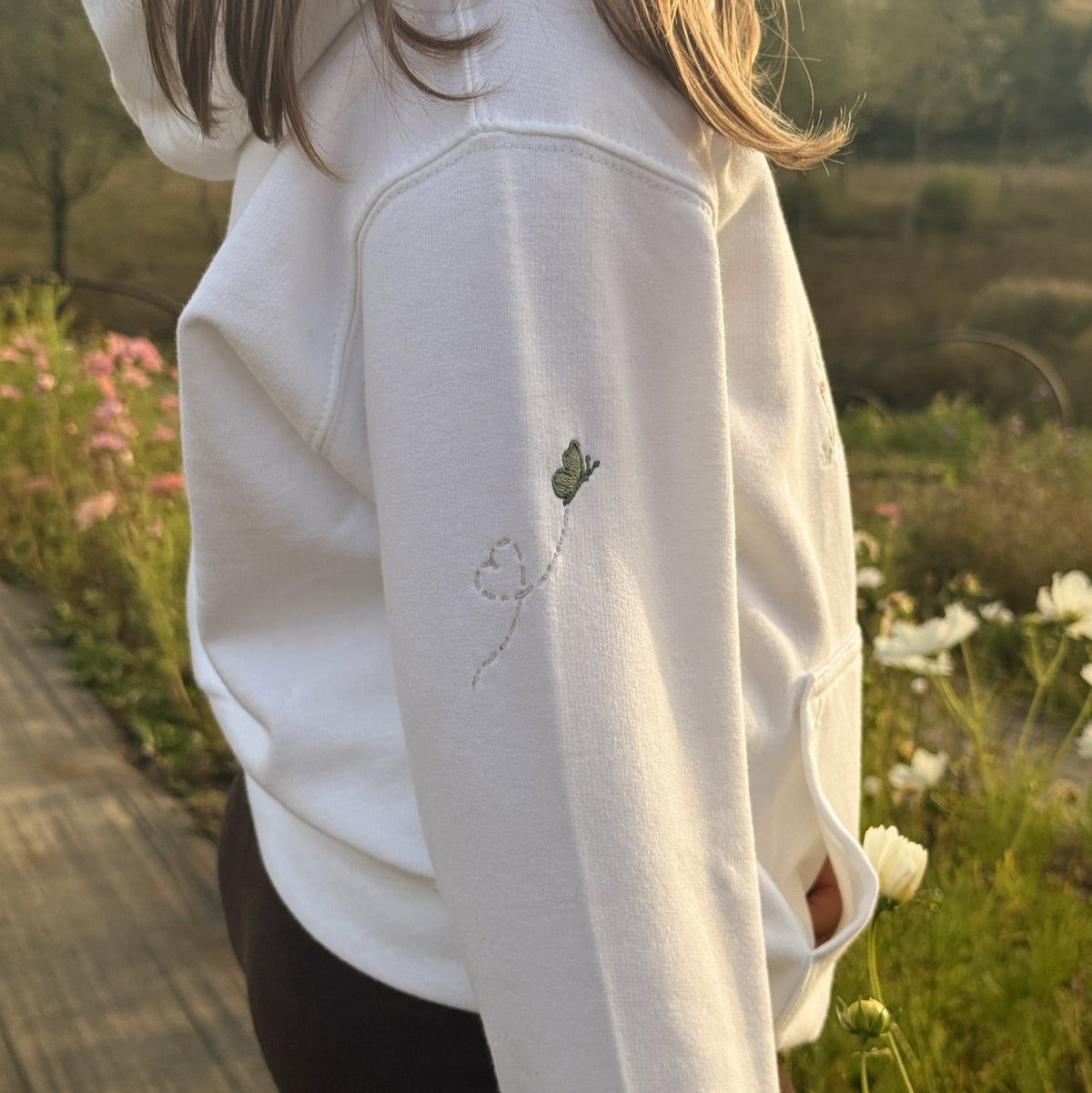 Duck in the flower garden, Signature Embroidered hoodie, ages 7-13