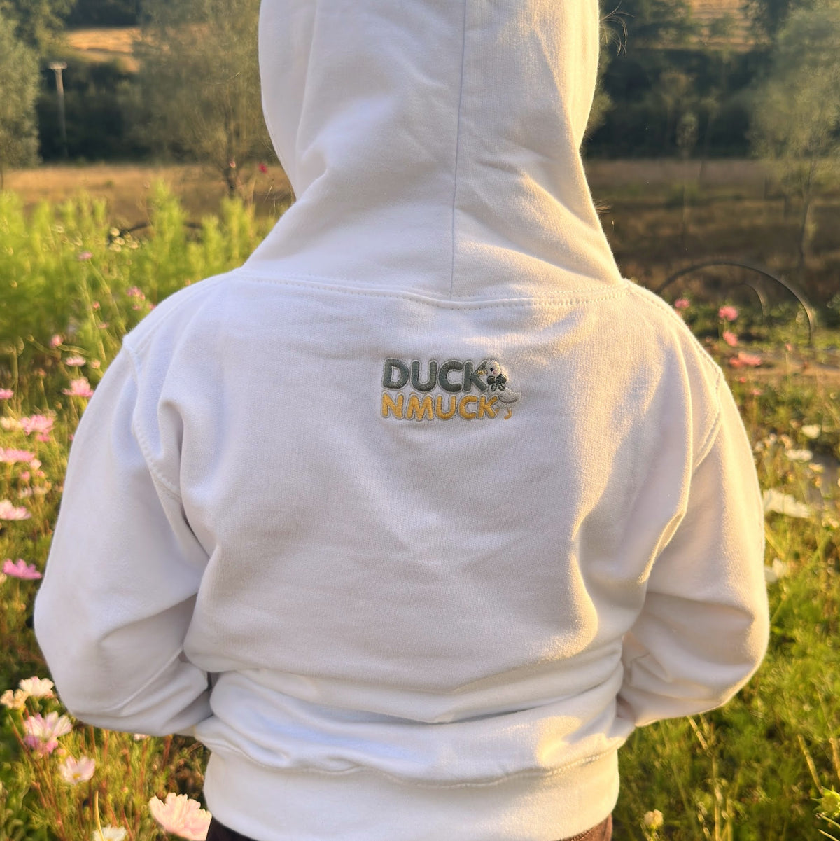 Duck in the flower garden, Signature Embroidered hoodie, ages 7-13