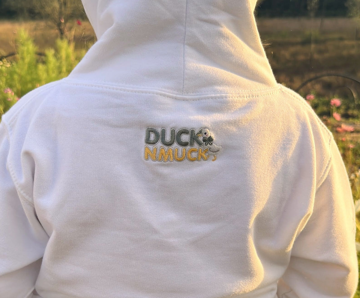 Duck in the flower garden embroidered hoodie ages 1 - 6