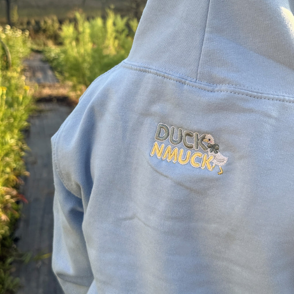 Duck in the flower garden embroidered hoodie ages 1 - 6