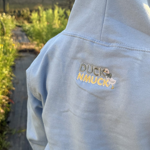 Duck in the flower garden embroidered hoodie ages 1 - 6