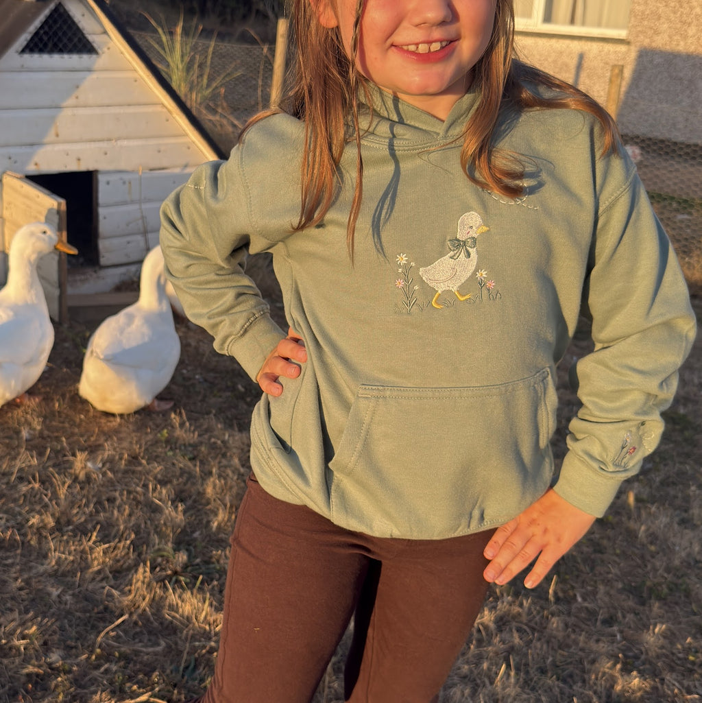 Duck in the flower garden, Signature Embroidered hoodie, ages 7-13