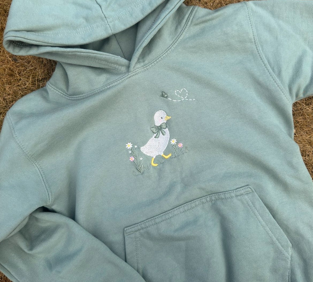 Duck in the flower garden embroidered hoodie ages 1 - 6