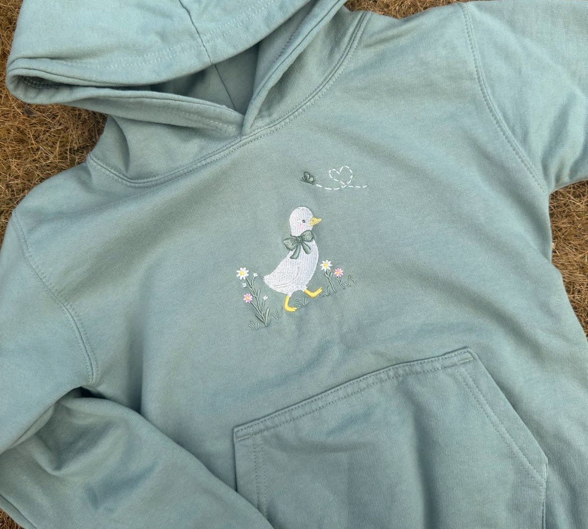 Duck in the flower garden embroidered hoodie ages 1 - 6
