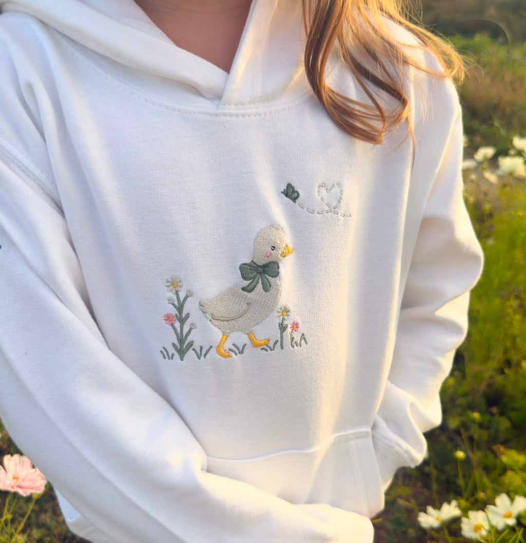 Duck in the flower garden embroidered hoodie ages 1 - 6